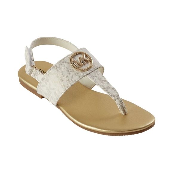 New! MICHAEL KORS Girls Marlie MK Logo T-Strap Sandals Shoe NWOB White Soft Gold - Picture 2 of 13
